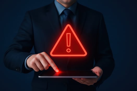 Businessman in suit holding tablet with red warning sign photo