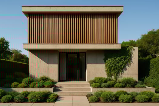 Modern house with concrete slabs and plants photo