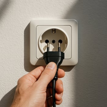 A person is holding an electric plug in front of a wall photo