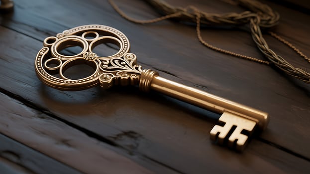 Ornate Golden Key on Dark Wood Surface Antique Treasure and Mystery Concept Represents Unlocking Potential and Opportunities for Success photo
