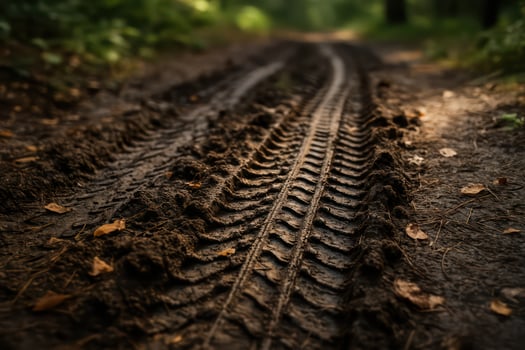 Tire tracks on a muddy road in the woods photo