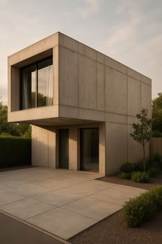 A concrete house with a large window and a driveway photo