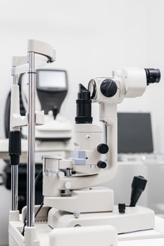 Ophthalmology equipment featuring a slit lamp in a modern clinic, showcasing advanced technology for vision testing and eye examinations photo