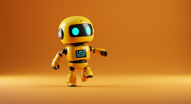 A Cheerful Yellow Robot with Glowing Cyan Eyes Strides Across a Warm Orange Backdrop photo