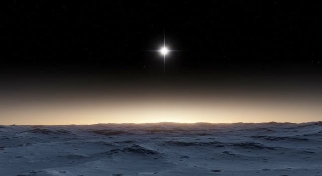 A Brilliant Star Flares Above the Twilight Horizon of a Desolate Alien World photo
