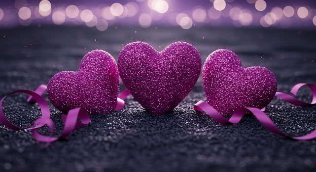 A Trio of Glittering Purple Hearts Amidst Swirling Ribbons and Bokeh Glow photo