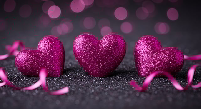 A Trio of Glittering Pink Hearts with Ribbons and Romantic Bokeh Lights photo