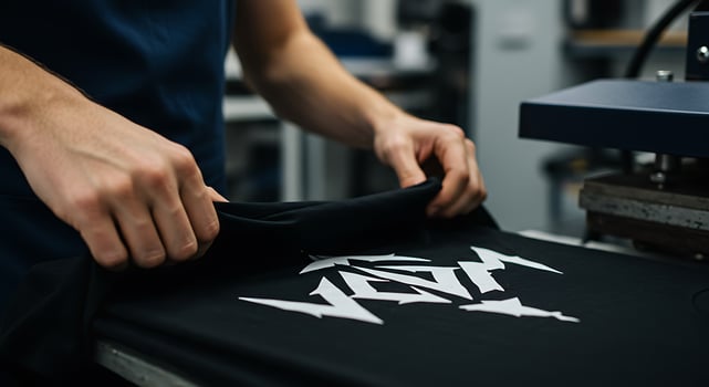 A man is working on a shirt with a machine photo