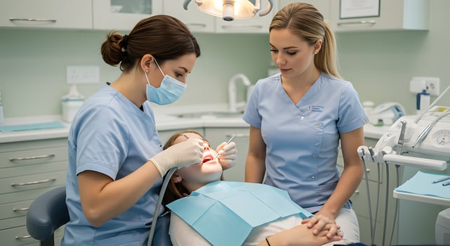 Two women in blue scrub suits are working on a patient photo