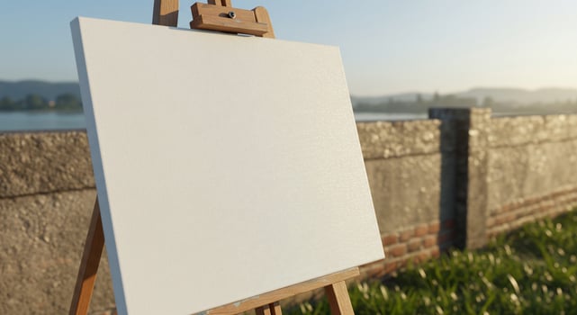 Blank Canvas on an Easel Awaits Inspiration in Serene Golden Hour Light by a Lake. photo