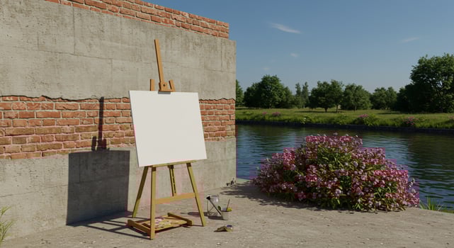 A painting easel and a painting on a wall photo