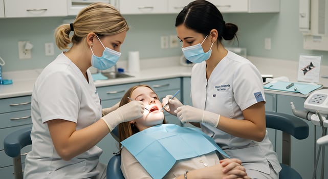 Two women in dental masks are examining a patient photo