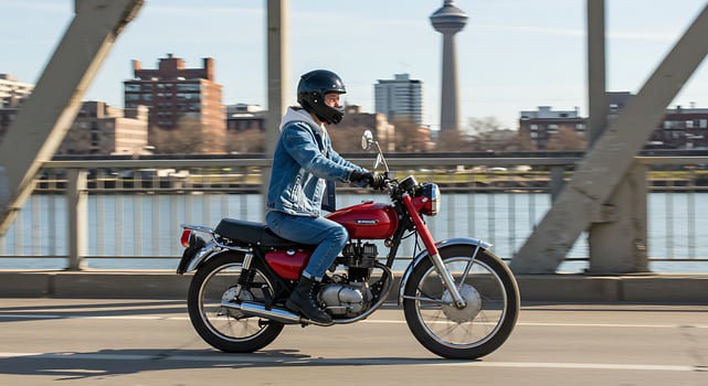 Classic Red Motorcycle Cruise Across a Sunny Urban Bridge with City Tower photo