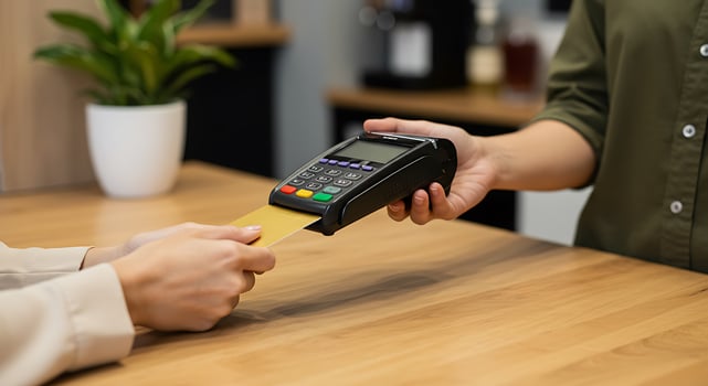 A person holding a credit card at a table photo