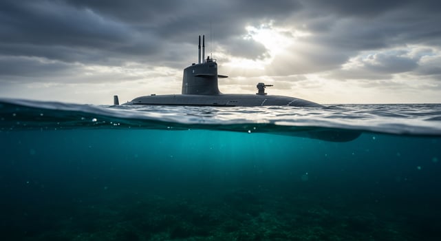 Dramatic Split-View of a Naval Submarine Surfacing in a Sunlit, Stormy Sea. photo
