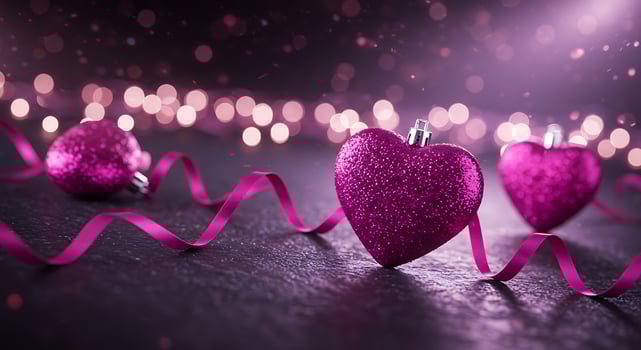 Enchanting Magenta Hearts and Swirling Ribbon Amidst Glowing Bokeh photo