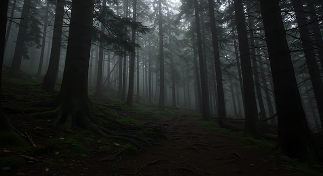 Ethereal Mist Blankets a Dark, Ancient Conifer Forest with Tangled Roots and Deep Shadows photo