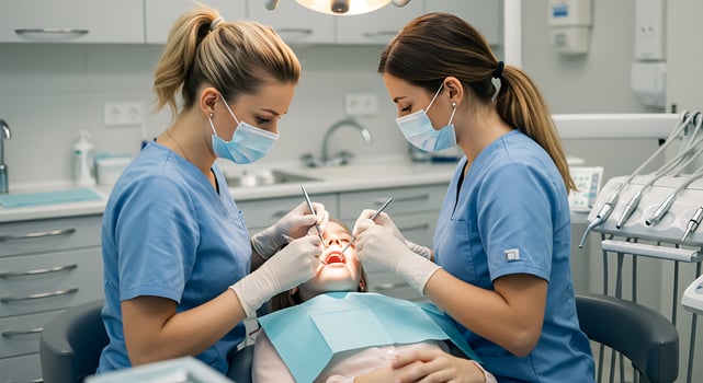 Focused Dental Team in Blue Scrubs Collaborating on a Young Patient's Oral Exam photo