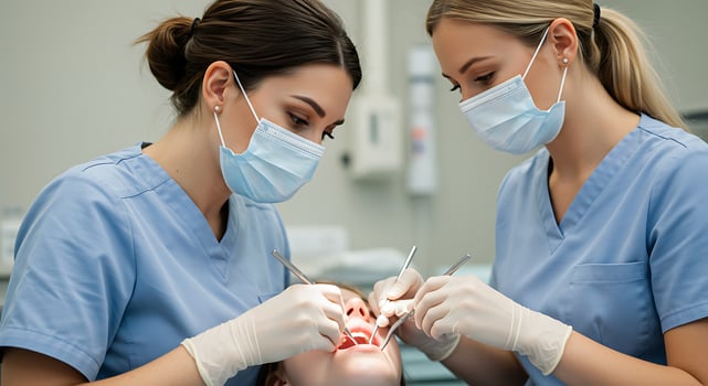 Focused Female Dentist and Assistant in Blue Scrubs Performing a Meticulous Oral Procedure photo