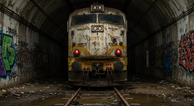 Forgotten Locomotive with Glowing Red Eyes in a Graffiti-Covered Tunnel photo