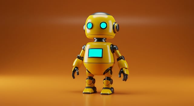 Friendly Yellow Robot with Glowing Cyan Eyes and Screen on a Warm Background photo
