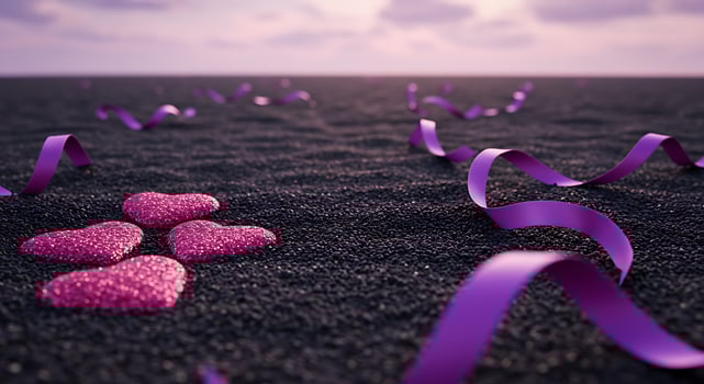 A purple ribbon and two hearts are on the ground photo