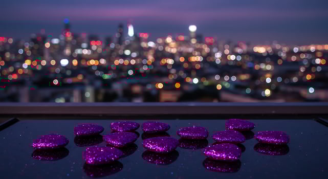 Purple hearts on a table in front of a city skyline photo