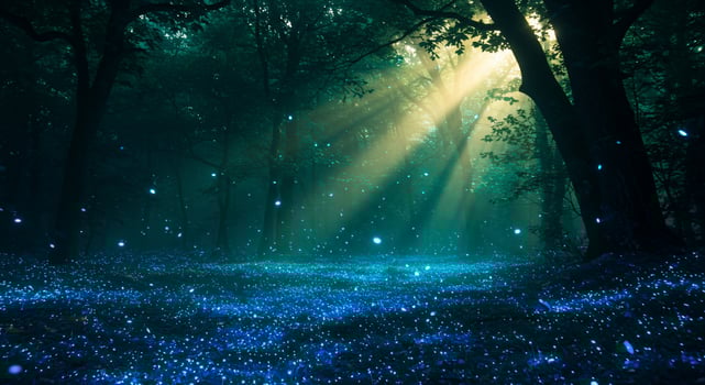 Golden Sunbeams Pierce a Mystic Forest, Illuminating a Carpet of Blue Fireflies photo