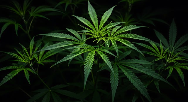 Lush Cannabis Sativa Leaves Glowing Under Dramatic Studio Lighting photo
