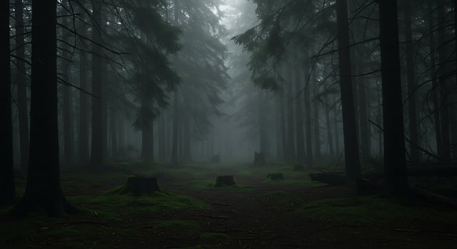 A dark forest with trees and a path photo