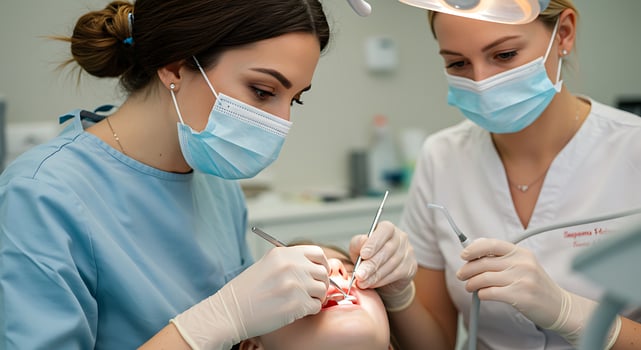 Two women in dental masks are working on a child photo