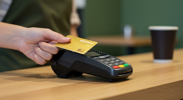 A person is holding a credit card and a credit card reader photo
