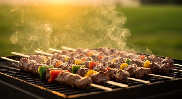 Sizzling Beef Kebabs on a Smoky Grill Bathed in Golden Sunset Light photo