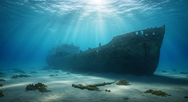 An underwater view of an old ship photo
