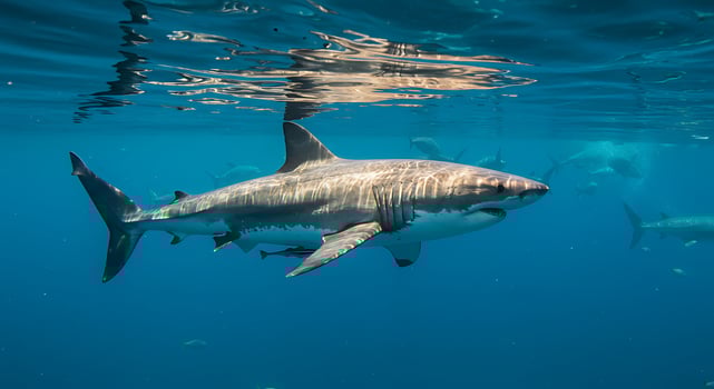 Sunlit Great White Shark Glides Majestically Below the Rippling Ocean Surface photo
