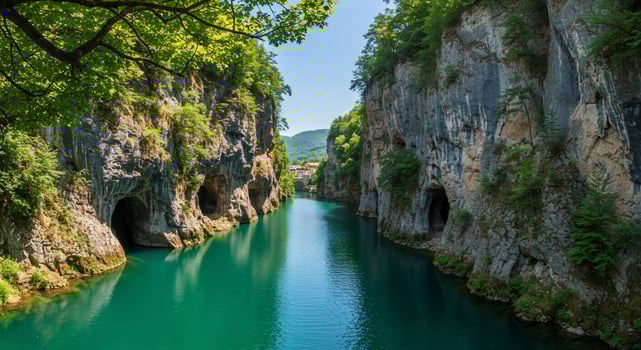 The river is flowing through a narrow canyon in the mountains photo
