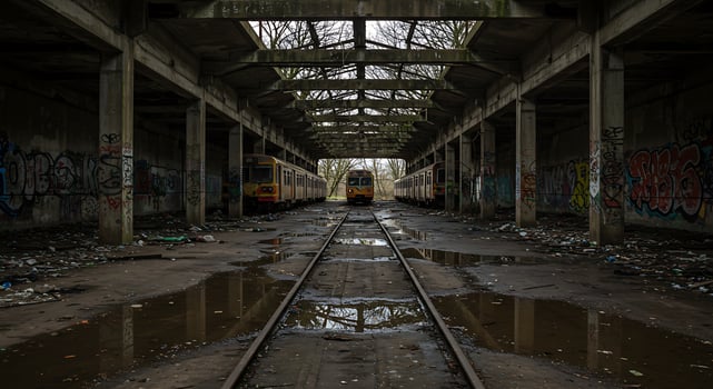 A train is parked in a train station with graffiti on the walls photo