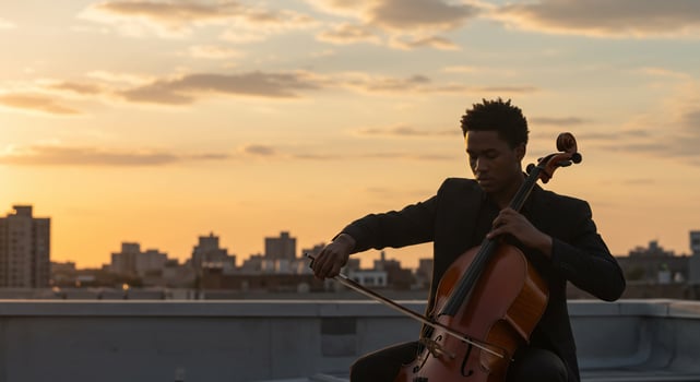 A man playing the cello on a rooftop photo