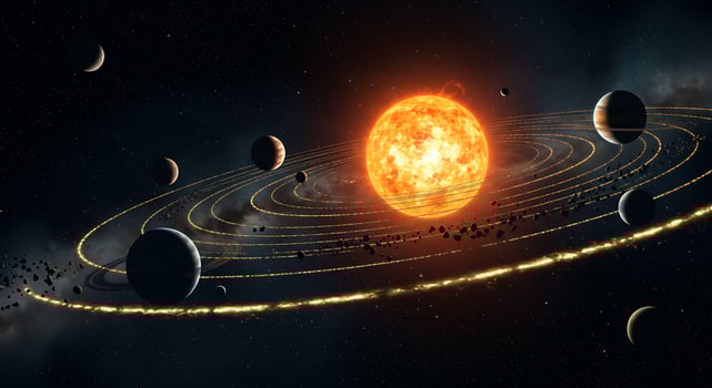 Vibrant Alien Solar System with a Fiery Star and Luminous Debris Rings photo