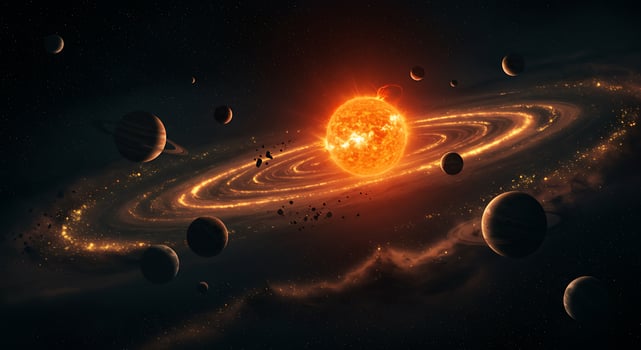 Vibrant Alien Solar System with a Blazing Star and Luminous Rings photo
