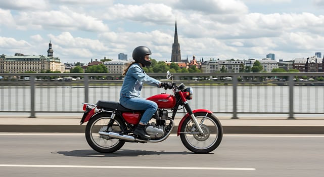 Woman on a Classic Red Motorcycle Rides Across a Bridge with Riga's Skyline photo