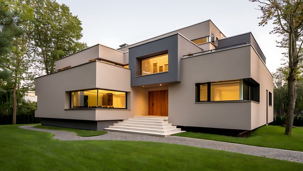 Modern Architectural Home Exterior with Landscaping and Stylish Design Accents for Luxury Living and Real Estate Appeal photo