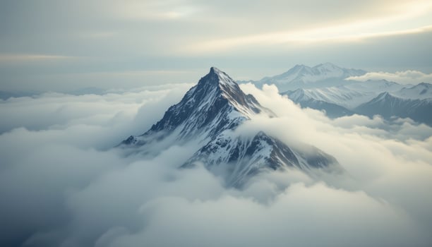 Majestic Mountain Peak Rising Above Misty Clouds in Beautiful Natural Landscape Scene photo