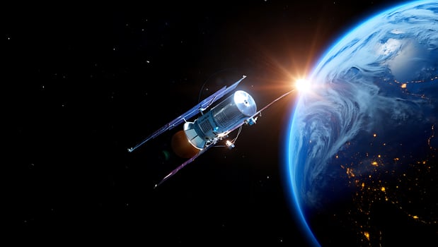 Satellite orbiting Earth with a bright sunrise representing space exploration and technological advancement for a global perspective photo