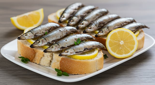 A plate with sardines and lemon slices photo