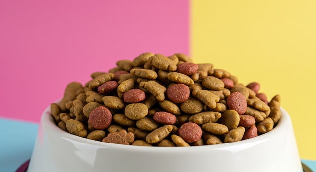 A bowl of dog food on a colorful background photo