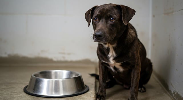 A dog sitting next to a metal bowl photo