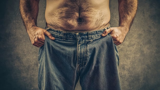 A man with no shirt on his back holding his pants photo