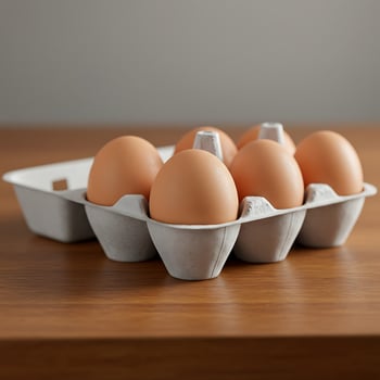 Egg carton on wooden table photo