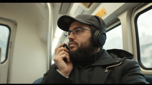 A man wearing headphones and a black jacket on a train photo